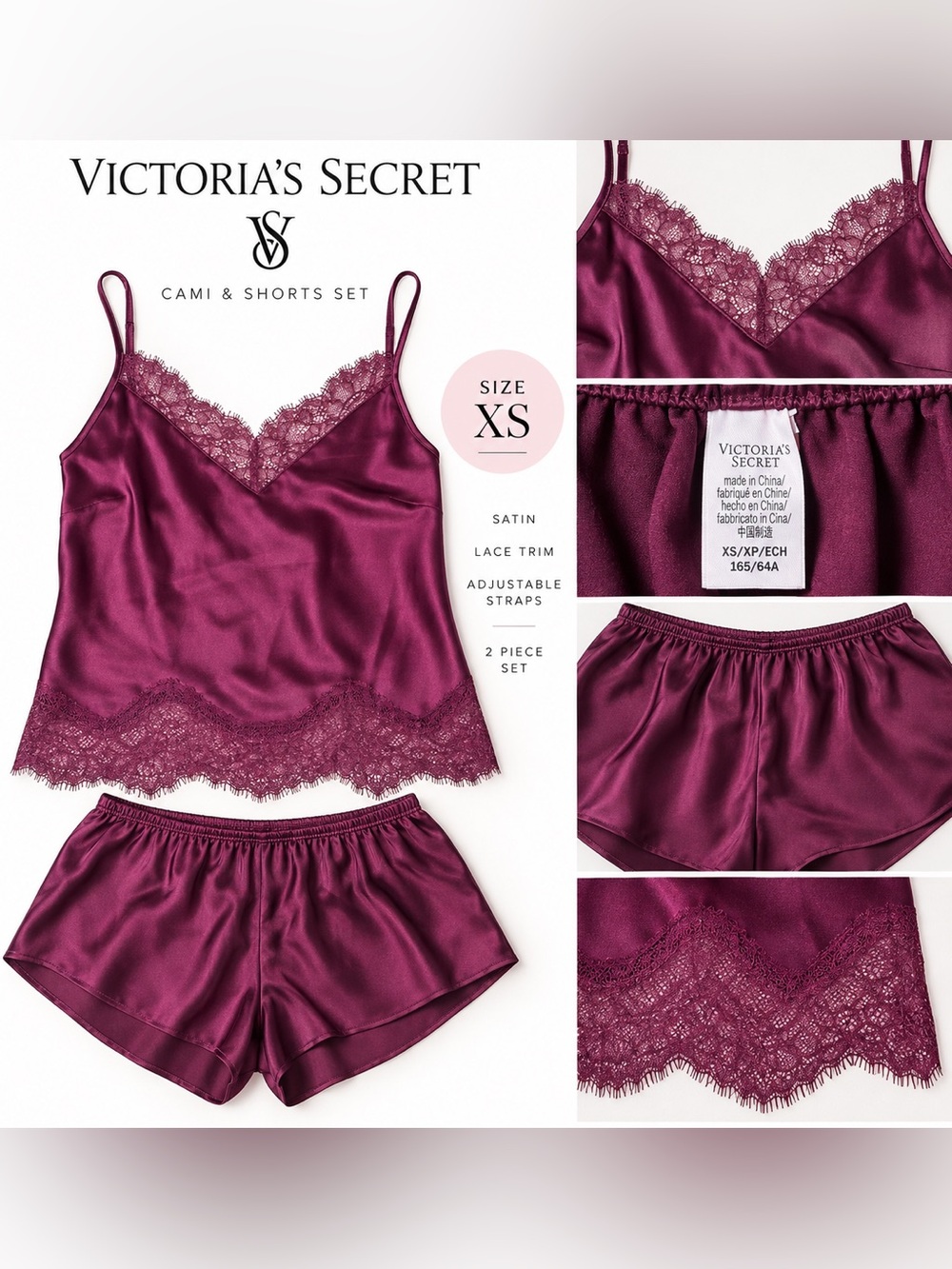 Victoria’s Secret Plum Satin Lace Cami Shorts Set XS